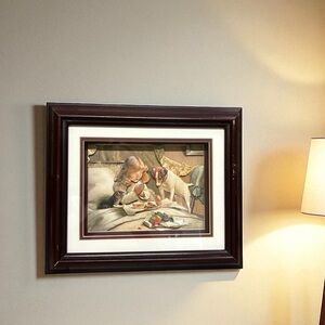 Heavy Frame Decoupage Suspense Girl Praying with Little Dog Picture